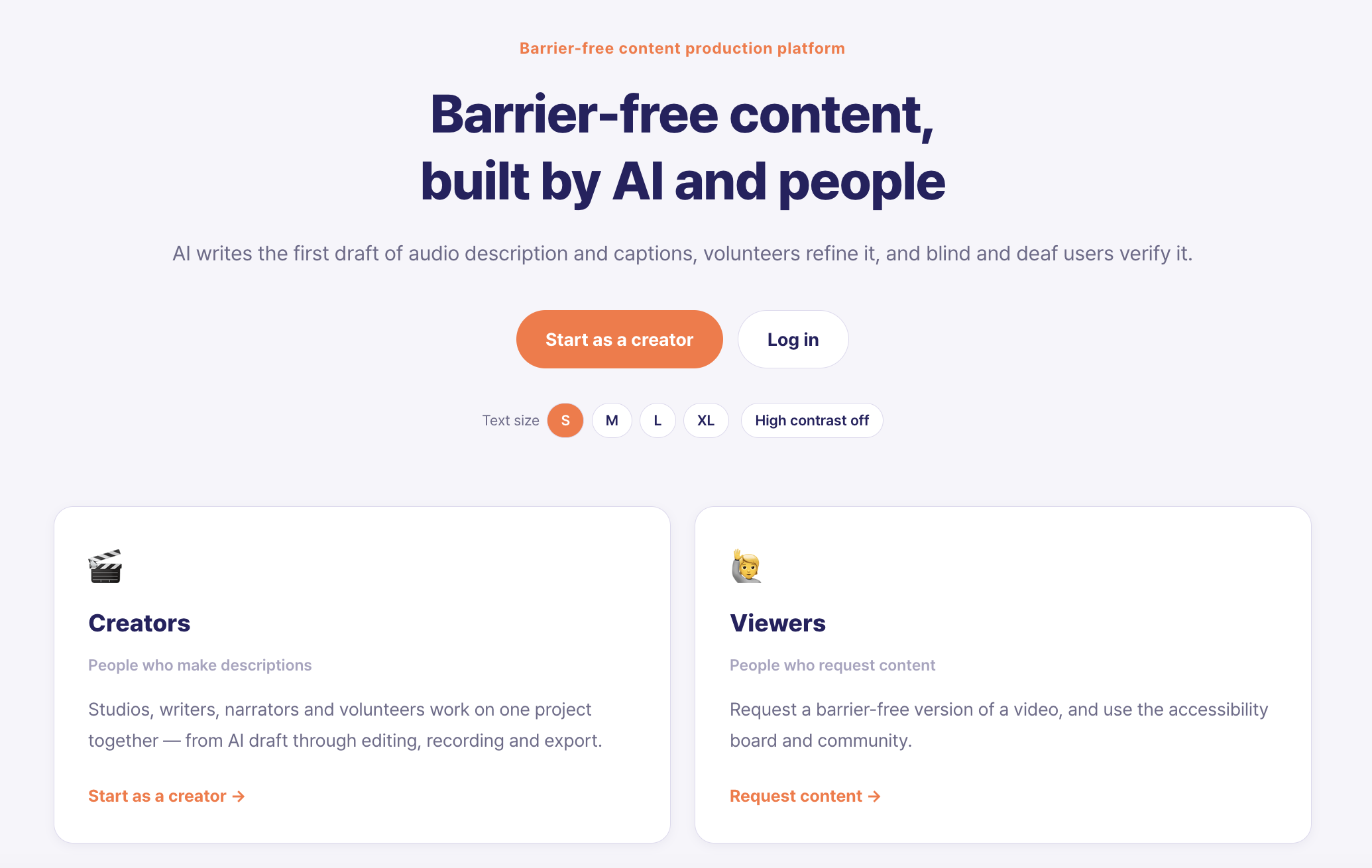 Four Beff app screens: a barrier-free content list, a playback screen with audio description and caption toggles, and two description-writing guides with timestamps.